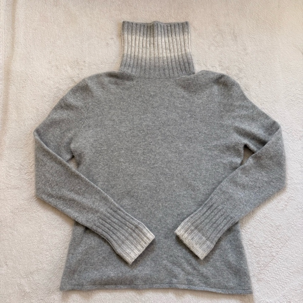 Iris V Arnim Ombre Stripe Neck & Cuffs Women's Grey Cashmere Turtleneck Sweater